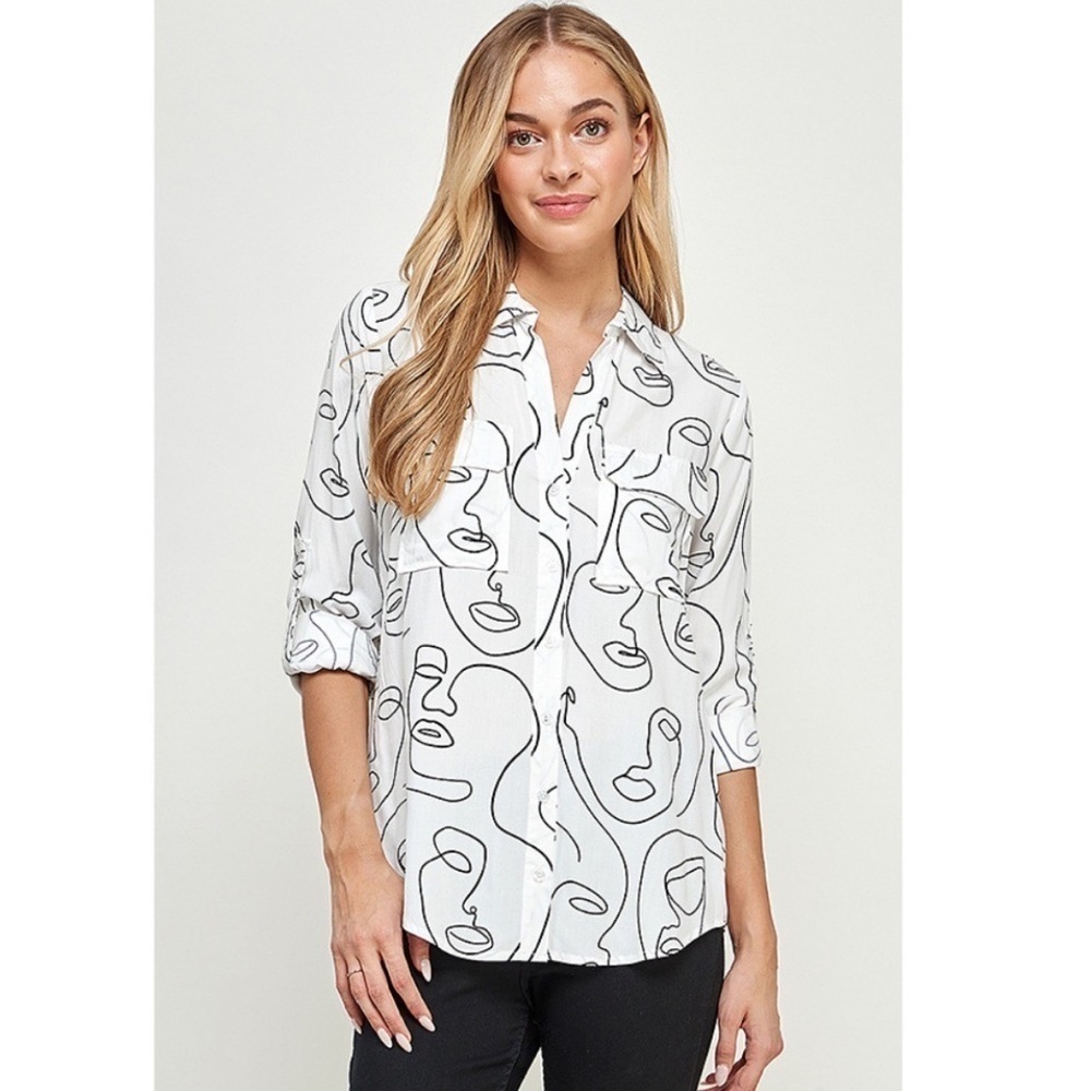 Milk & Honey peach long sleeve blouse button down face print outline cartoon